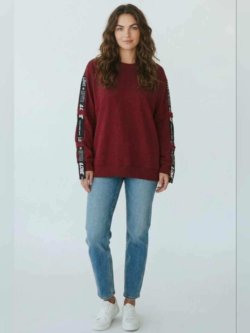 NWT Small Maroon Oversized Crewneck Sweatshirt with 'LOVE OR NEVER' Sleeve Tape